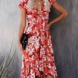 Red Floral High Low Pocketed Tie Maxi Dress